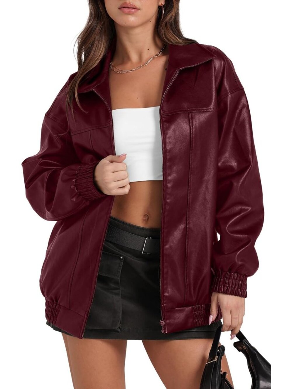 Women's Red Faux Oversized Motorcycle Bomber Coats Fall Fashion Winter Jackets